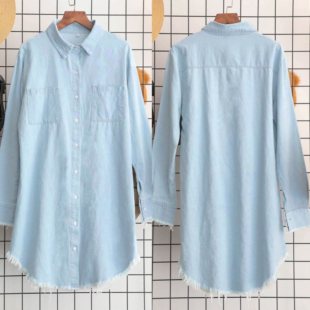 Solid Light Blue Frayed Hem Button Down Long Sleeve Dress - Picture 3 of 3